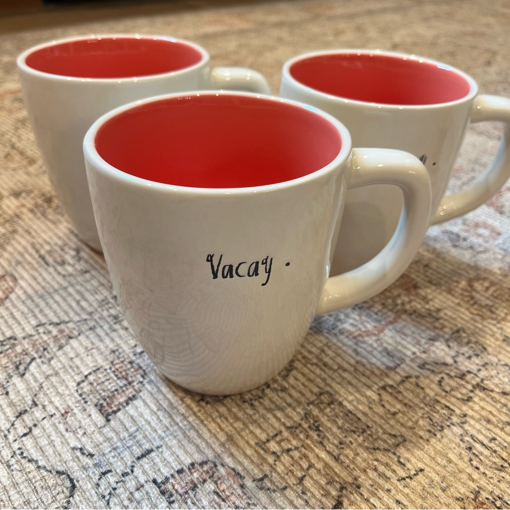 Rae Dunn White and Coral pink Ceramic Dining Mugs set of 3 NWOT